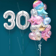 Гелиевые шарики на 30 лет женщине "Розово-голубое мерцание", 20 шаров и серебристые цифры