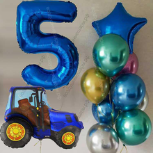 Букет из шаров мальчику на 5 лет "Трактор, синий с шарами хром и звездой"