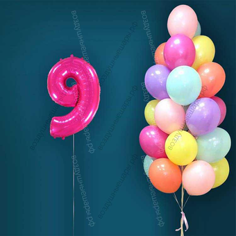 Гелиевые шары на 9 лет для девочки "Акварельный этюд", 25 шариков и малиновая цифра
