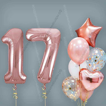 Шары на 17 лет девушке, сет "Розовое золото", 7 шариков с гелием и цифры