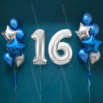 Шары на 16 лет парню, сет "Серебристо-синий", 14 шариков с гелием и цифры