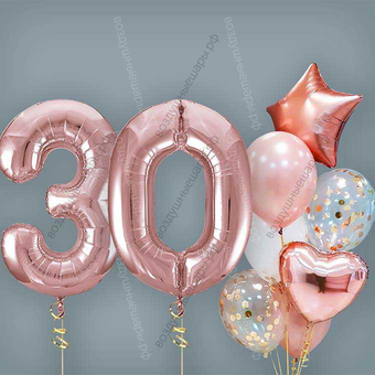 Шары на 30 лет женщине, сет "Розовое золото", 7 шариков с гелием и цифры