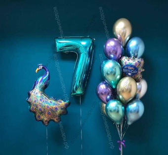 Букет шаров "Перья павлина" на день рождения с цифрой