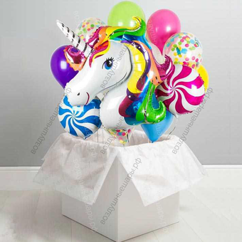 Огромная коробка с букетом шаров «Единорог и леденцы»