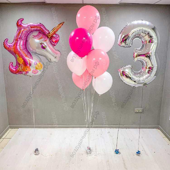 Сет розовых шаров "Нежность" с единорогом и цифрой для девочки