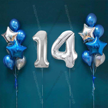 Шары на 14 лет парню, сет "Серебристо-синий", 14 шариков с гелием и цифры
