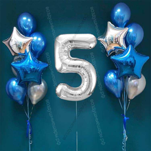 Шары на 5 лет мальчику, сет "Серебристо-синий", 14 шариков с гелием и цифра