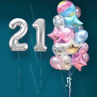 Гелиевые шарики на 21 год женщине "Розово-голубое мерцание", 20 шаров и серебристые цифры