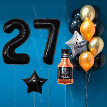 Оформление шарами на 27 лет с бутылкой виски и черными цифрами Black Label