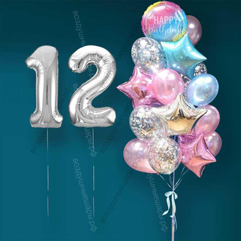 Гелиевые шарики на 12 лет девочке "Розово-голубое мерцание", 20 шаров и серебристые цифры