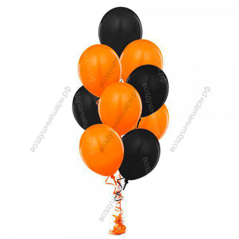 Фонтан из 9 черных и оранжевых шаров на праздник "Георгиевская лента"