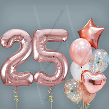 Шары на 25 лет женщине, сет "Розовое золото", 7 шариков с гелием и цифры
