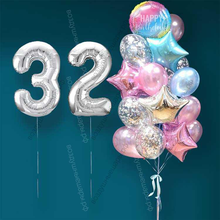 Гелиевые шарики на 32 года женщине "Розово-голубое мерцание", 20 шаров и серебристые цифры