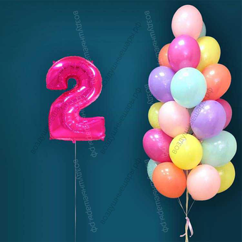 Гелиевые шары на 2 года для девочки "Акварельный этюд", 25 шариков и малиновая цифра