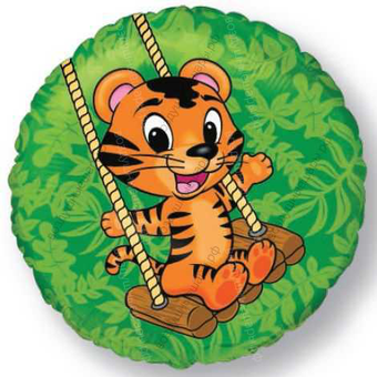 Шар с гелием  Круг, Тигренок на качелях, Зеленый, 46 см.
