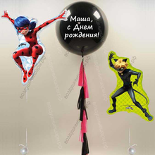 Фотозона с большим шаром и супер-героями Lady bug and Super cat