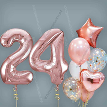 Шары на 24 года женщине, сет "Розовое золото", 7 шариков с гелием и цифры