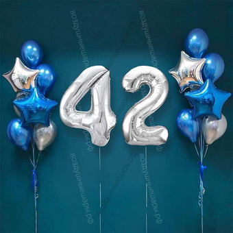 Шары на 42 года мужчине, сет "Серебристо-синий", 14 шариков с гелием и цифры