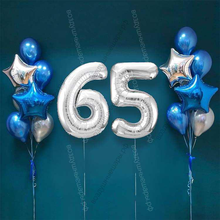 Шары на 65 лет мужчине, сет "Серебристо-синий", 14 шариков с гелием и цифры