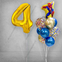 Букет шаров на 4 года ребенку "Человек-паук желтый", 12 шаров и золотая цифра