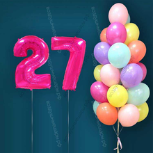 Гелиевые шары на 27 лет для женщины "Акварельный этюд", 25 шариков и малиновые цифры