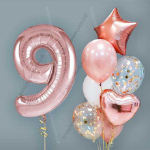 Шары на 9 лет девочке, сет "Розовое золото", 7 шариков с гелием и цифра