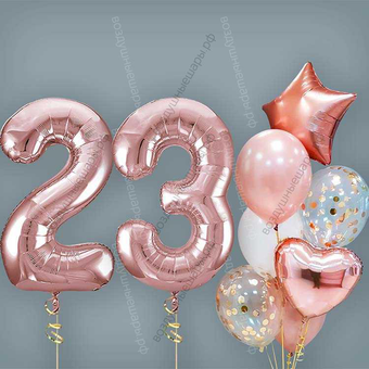 Шары на 23 года женщине, сет "Розовое золото", 7 шариков с гелием и цифры