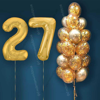 Шары с гелием на 27 лет, сет "Золотой Хром", 19 гелиевых шариков и золотые цифры