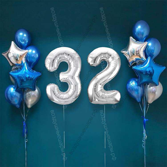 Шары на 32 года мужчине, сет "Серебристо-синий", 14 шариков с гелием и цифры