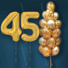 Шары с гелием на 45 лет, сет "Золотой Хром", 19 гелиевых шариков и золотые цифры