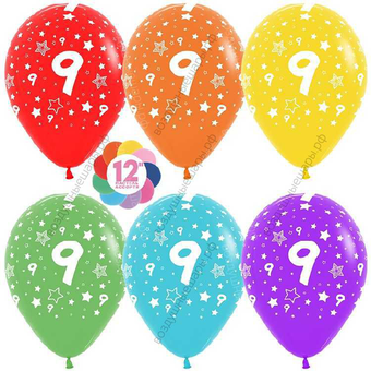 Шар с гелием  Цифра 9, девятка (звезды), Ассорти, пастель, 5 ст, 30 см.
