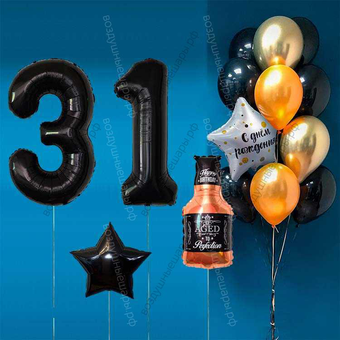 Оформление шарами на 31 год с бутылкой виски и черными цифрами Black Label