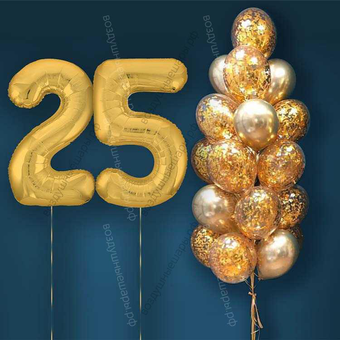 Шары с гелием на 25 лет, сет "Золотой Хром", 19 гелиевых шариков и золотые цифры