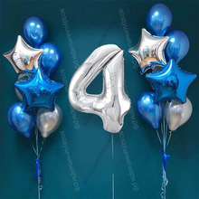 Шары на 4 года мальчику, сет "Серебристо-синий", 14 шариков с гелием и цифра