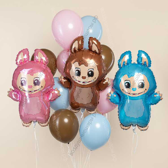 Сет три Лабубу с букетом голубых, розовых и шоколадных шаров