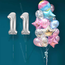 Гелиевые шарики на 11 лет девочке "Розово-голубое мерцание", 20 шаров и серебристые цифры