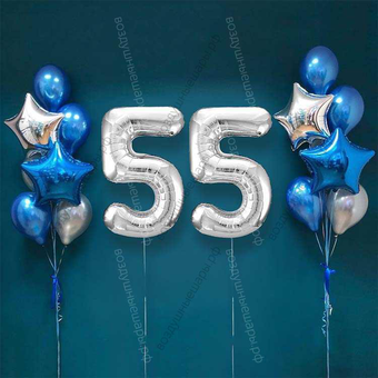 Шары на 55 лет мужчине, сет "Серебристо-синий", 14 шариков с гелием и цифры