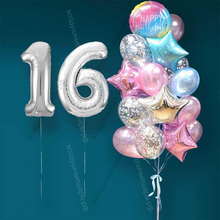 Гелиевые шарики на 16 лет девушке "Розово-голубое мерцание", 20 шаров и серебристые цифры