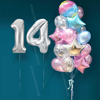Гелиевые шарики на 14 лет девушке "Розово-голубое мерцание", 20 шаров и серебристые цифры