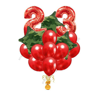 Фонтан из шаров со звездами и красными цифрами на 23 февраля