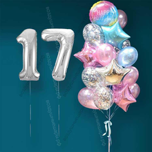 Гелиевые шарики на 17 лет девушке "Розово-голубое мерцание", 20 шаров и серебристые цифры