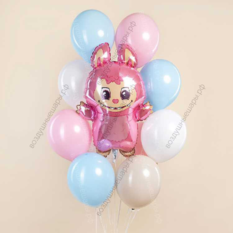 Фигура Лабубу Розовая с фонтаном шаров с гелием