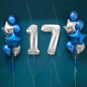 Шары на 17 лет парню, сет "Серебристо-синий", 14 шариков с гелием и цифры