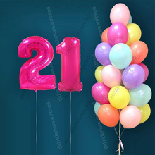 Гелиевые шары на 21 год для женщины "Акварельный этюд", 25 шариков и малиновые цифры