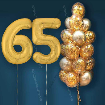 Шары с гелием на 65 лет, сет "Золотой Хром", 19 гелиевых шариков и золотые цифры