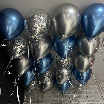 Шары под потолок серебряный и синий хром и шарики с конфетти