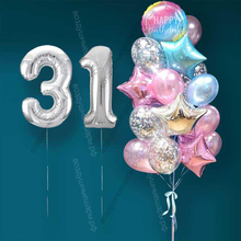 Гелиевые шарики на 31 год женщине "Розово-голубое мерцание", 20 шаров и серебристые цифры