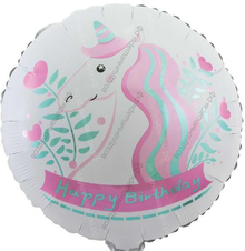 Шар с гелием  Круг, С Днем Рождения , единорог, Белый, 46 см.