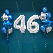 Шары на 46 лет мужчине, сет "Серебристо-синий", 14 шариков с гелием и цифры