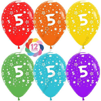 Шар с гелием  Цифра 5, пятерка (звезды), Ассорти, пастель, 5 ст, 30 см.